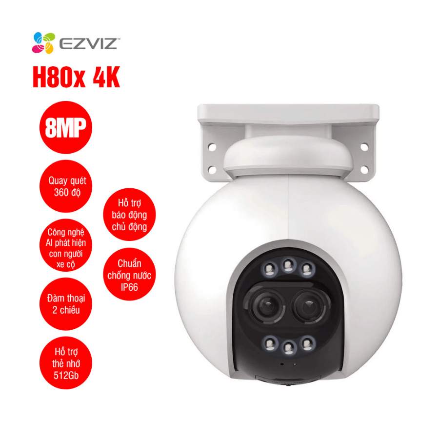 Camera Wifi 10MP EZVIZ H80X 2 ống kính Dual 4K(8MP+2MP), màu ban đêm, khẩu độ lớn F1.0, 4mm-1