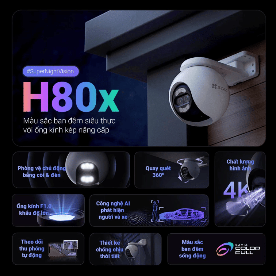 Camera Wifi 10MP EZVIZ H80X 2 ống kính Dual 4K(8MP+2MP), màu ban đêm, khẩu độ lớn F1.0, 4mm-2